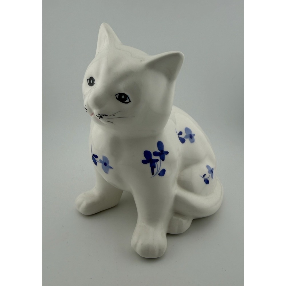 White Ceramic Cat Figurine Blue Floral Accent Sitting Taiwan ROC Collectible